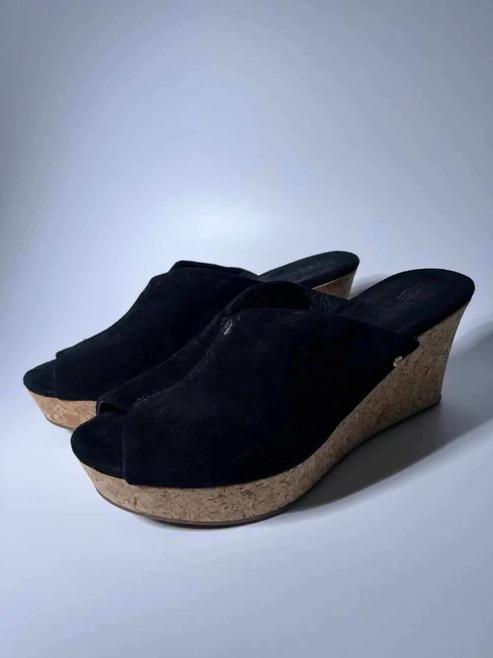 UGG Dominique Black Suede Cork Wedge Platform Slide Sandals Women’s 8.5